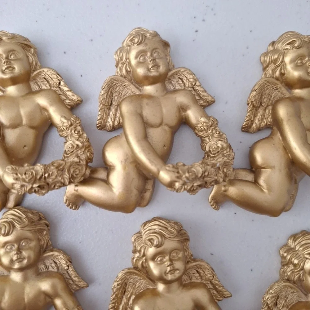 8 Ornate Resin Cherub Angel Napkin Ring Holders Gold Tone Painted Vintage HEAVY